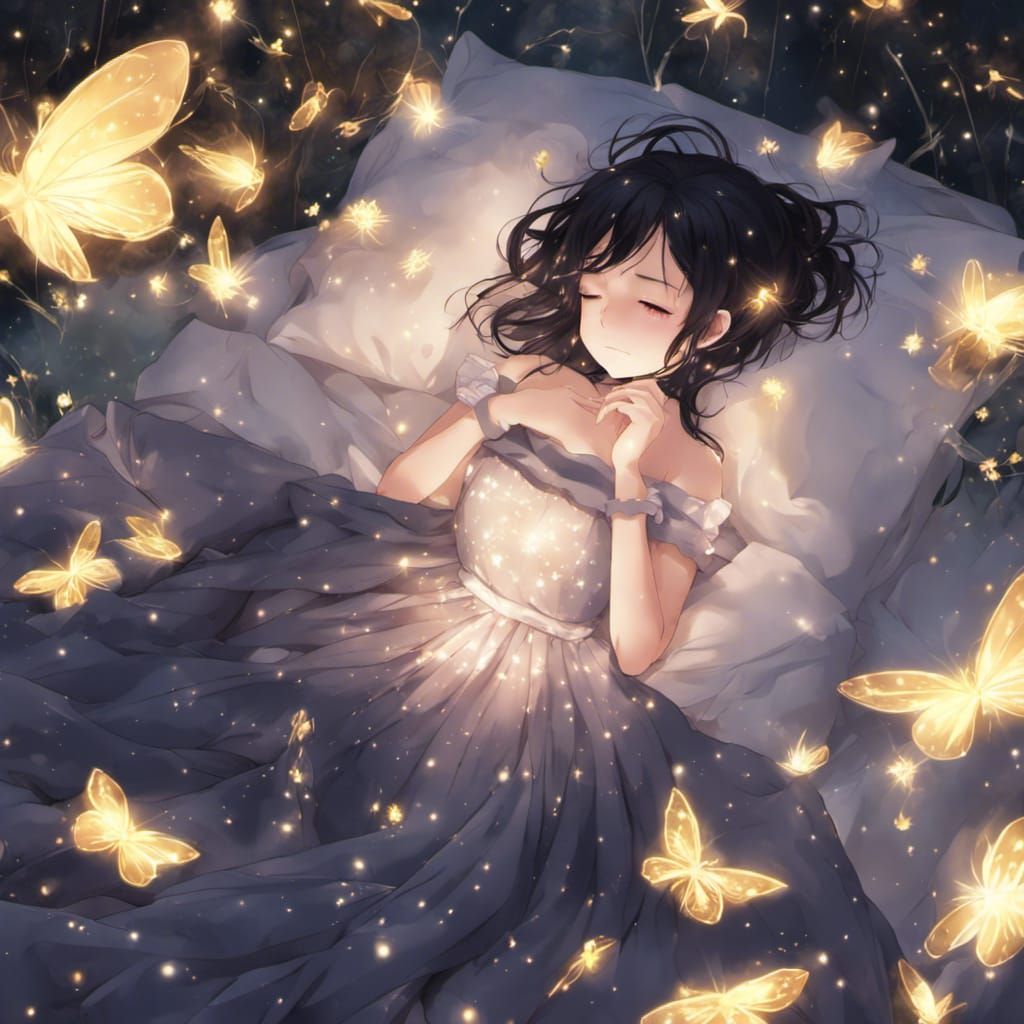 Girl Sleeping in Starry Dress, Anime Style