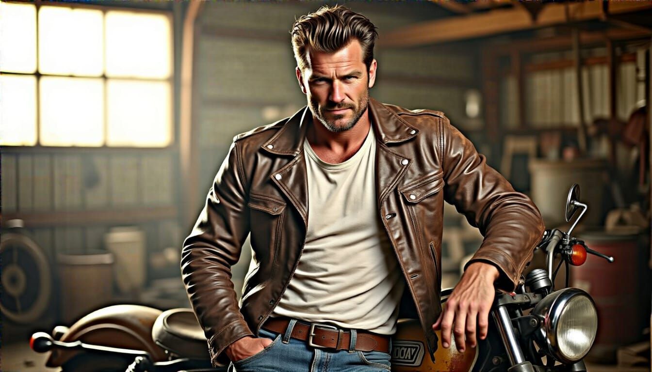 Rugged Man on Motorcycle in Garage, Photorealistic Style