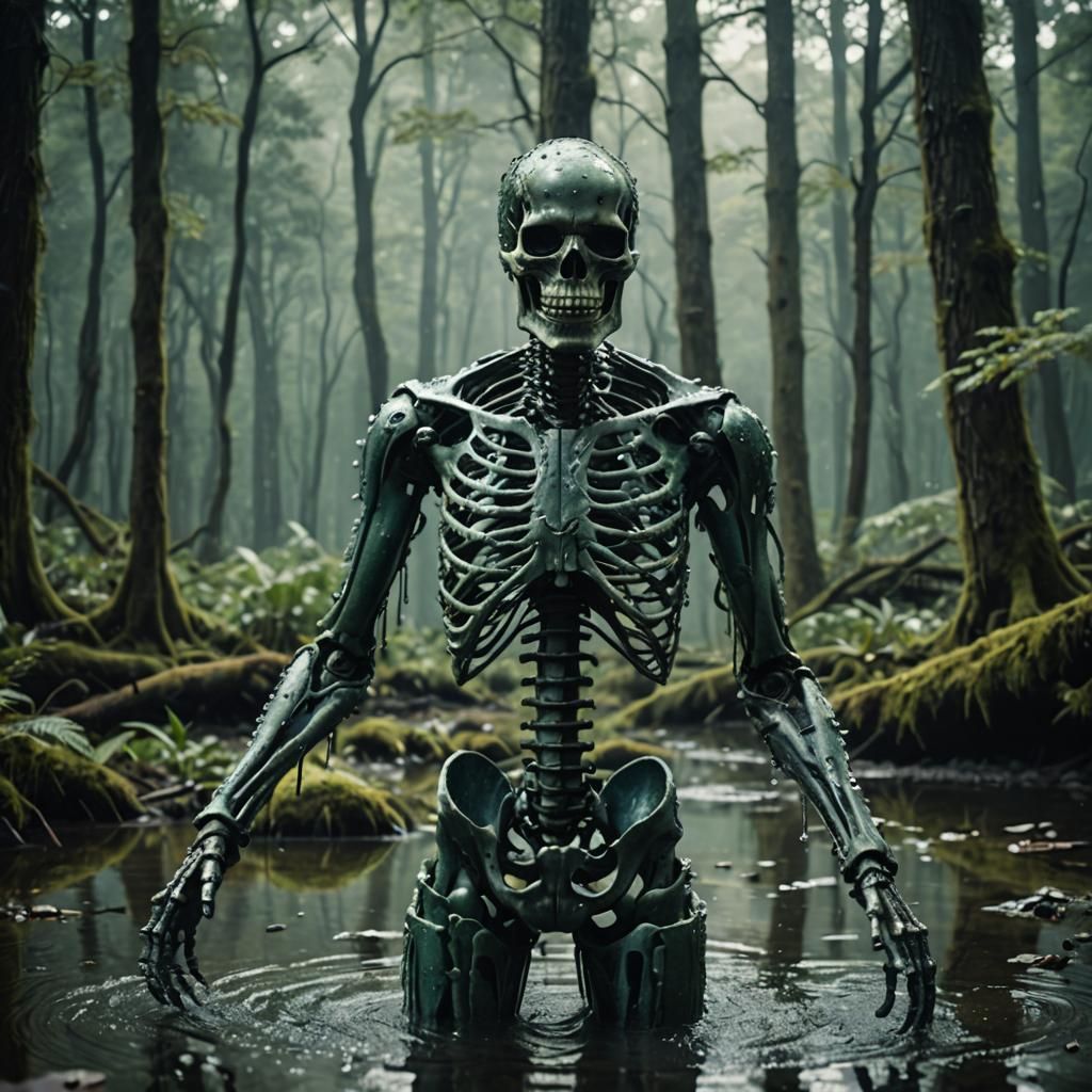 Water Skeleton Man in Forest, Cinematic Rendering