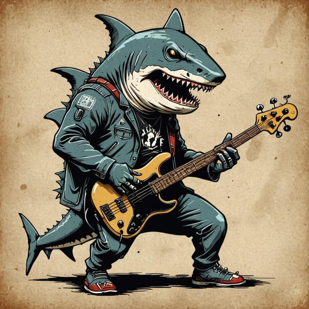 Shark Bassist in Punk Rock Art Style