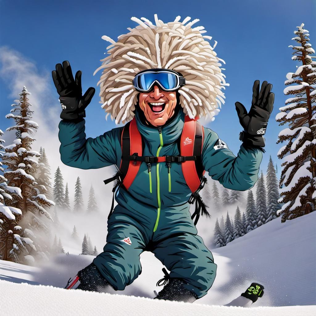 Funny Caricature of Ski Instructor with Pine Needle Wig