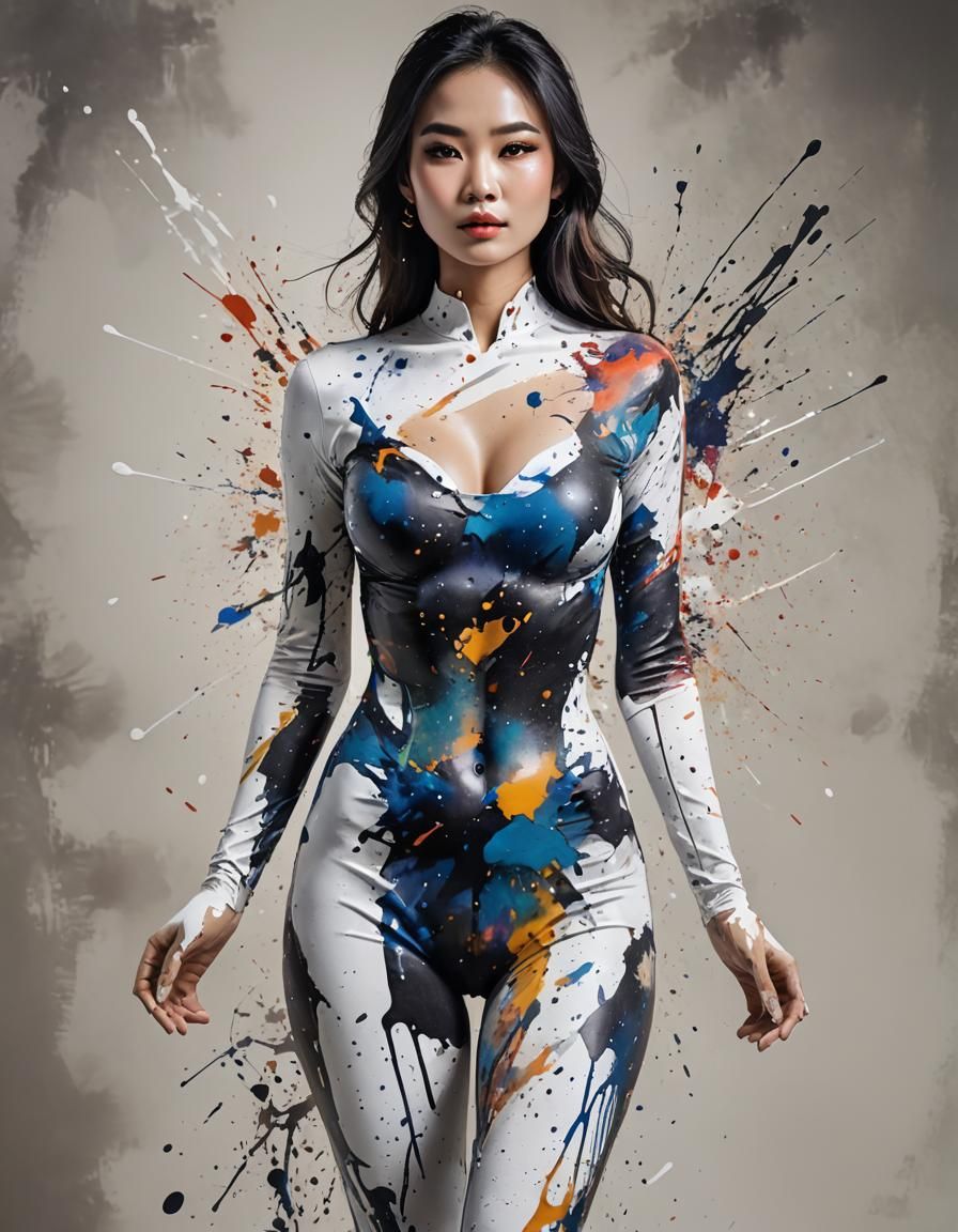 Dramatic Portrait with Ink Splashes in Mixed Media