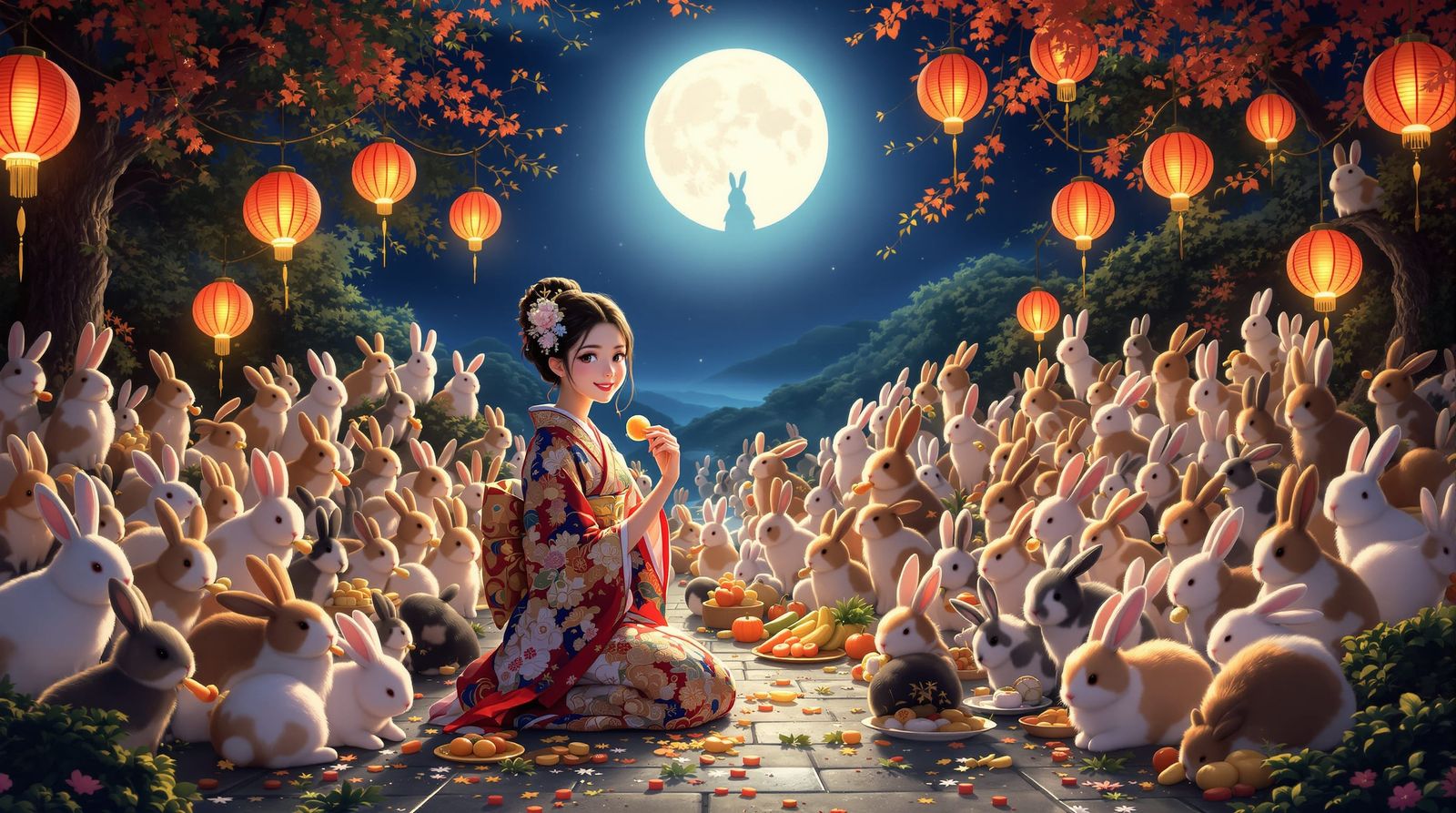 Girl Enjoys Mid-Autumn Festival with Rabbits on Rabbit Islan...