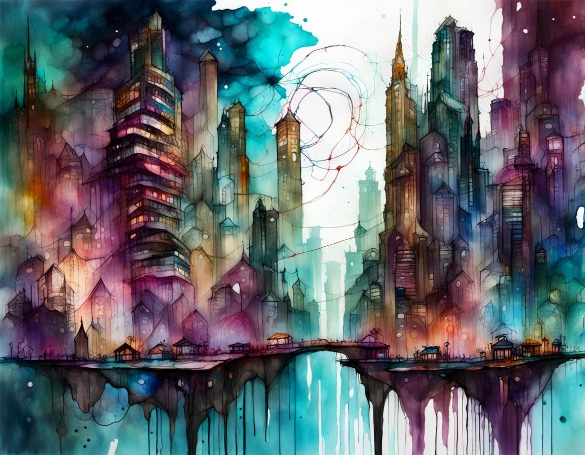 Futuristic Fantasy City in Alcohol Ink Style