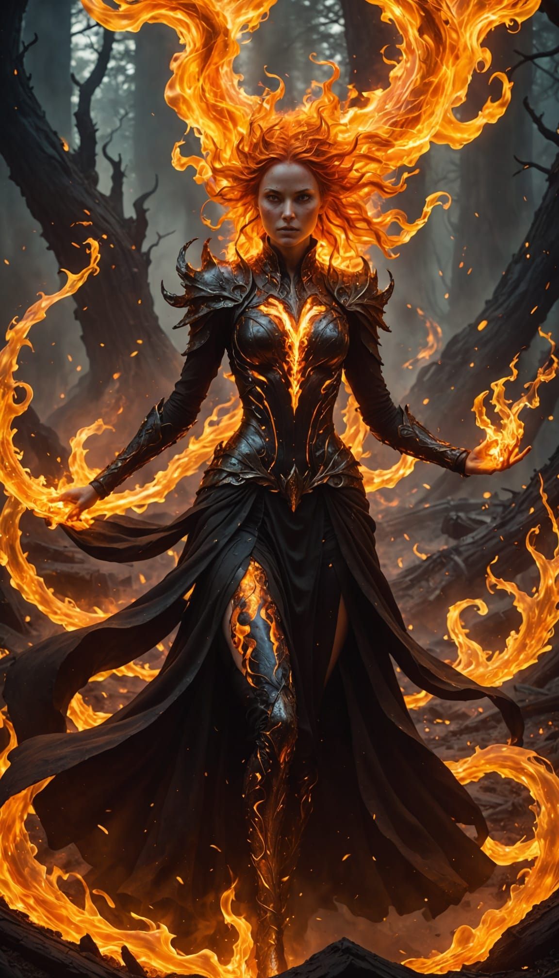 Fire Elemental Woman in Blazing Crater