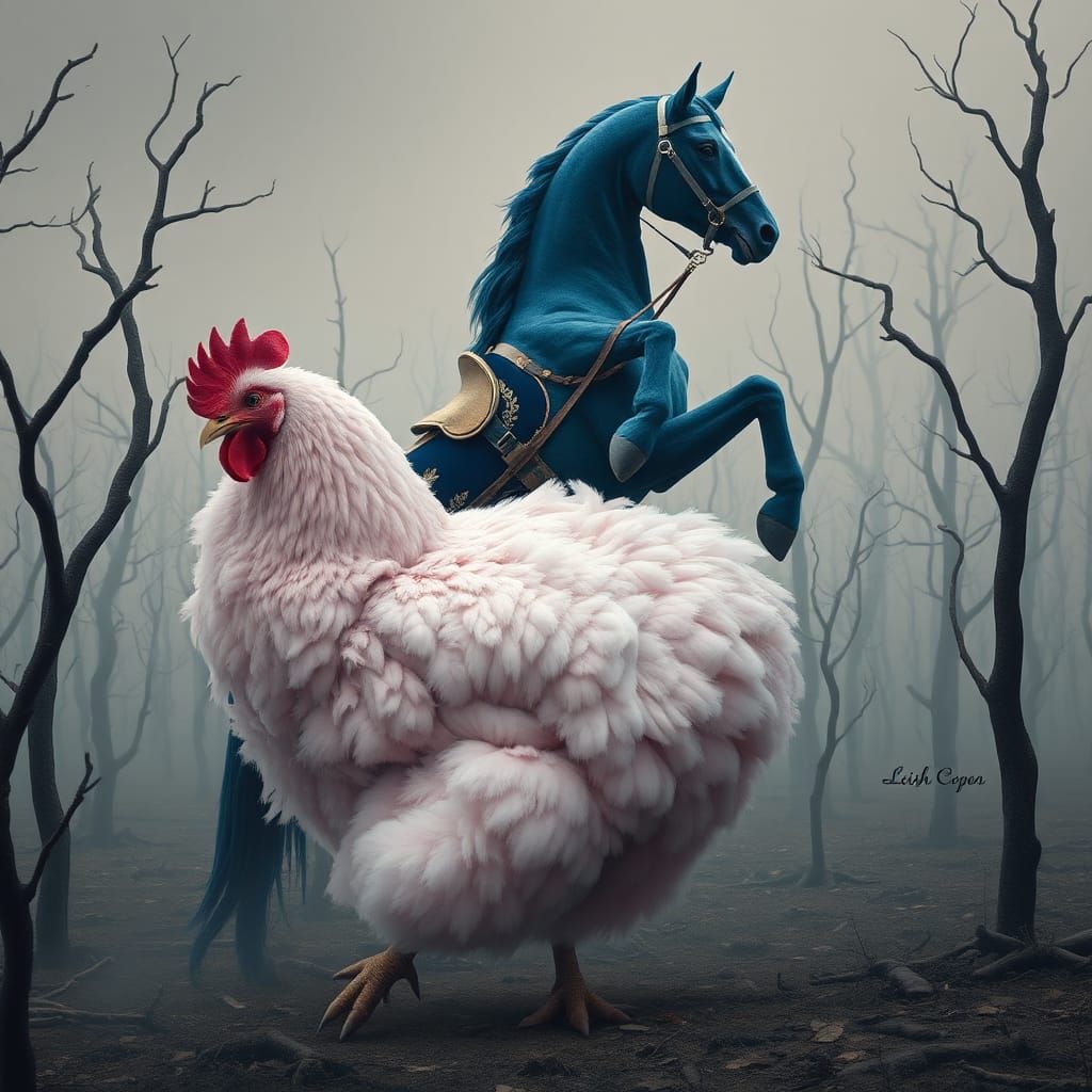 Blue Velvet Horse Rides Pink Chicken in Dream Forest