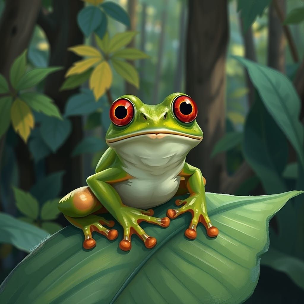 Surprised Frog in Forest, Digital Painting Style