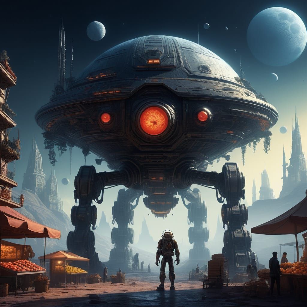 Highly creative. A bustling marketplace on a gas giant's moo...