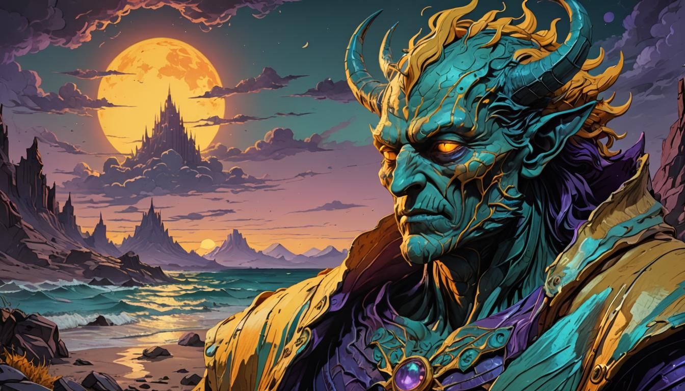 This cel-shaded yellow and purple, Unreal Engine 5 orange and teal; "Slumber demon King." by William Blake.
"Dim haze, ...