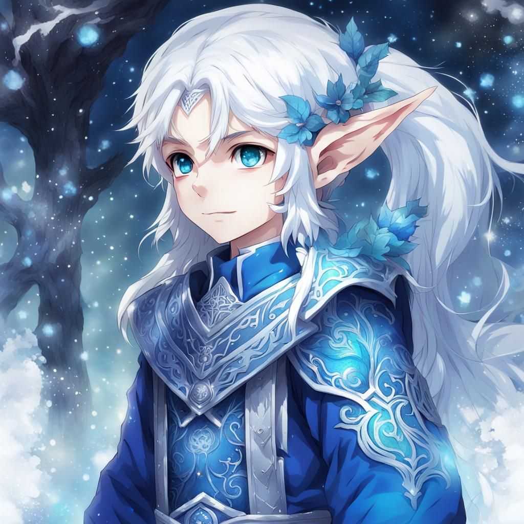 Blue-Skinned Elf Child in Anime Style