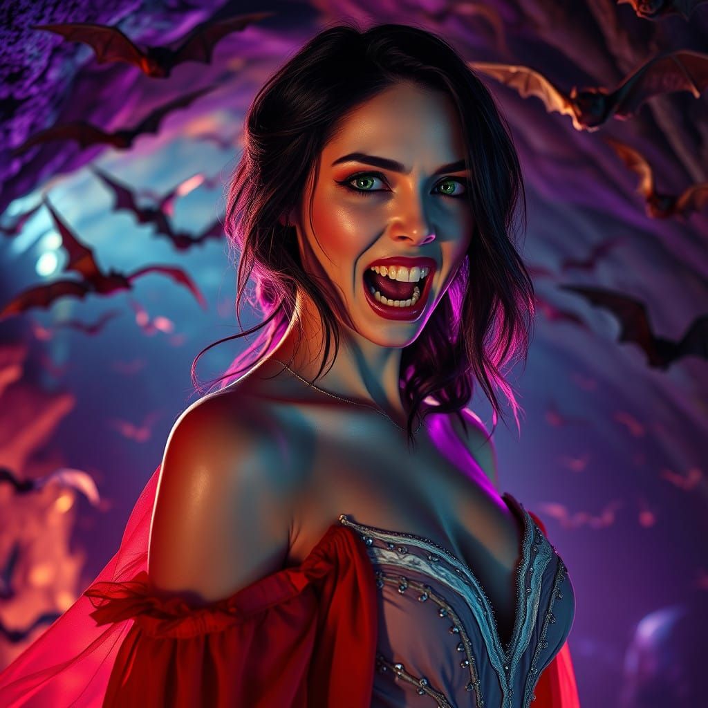 Vampire Attacking Woman in a Haunting, Gothic Cave Scene