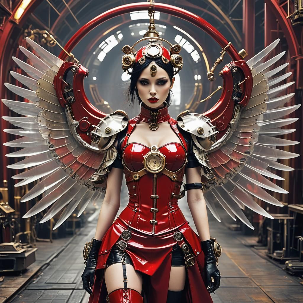 Futuristic Fashion: Girl in Red with Angel Wings
