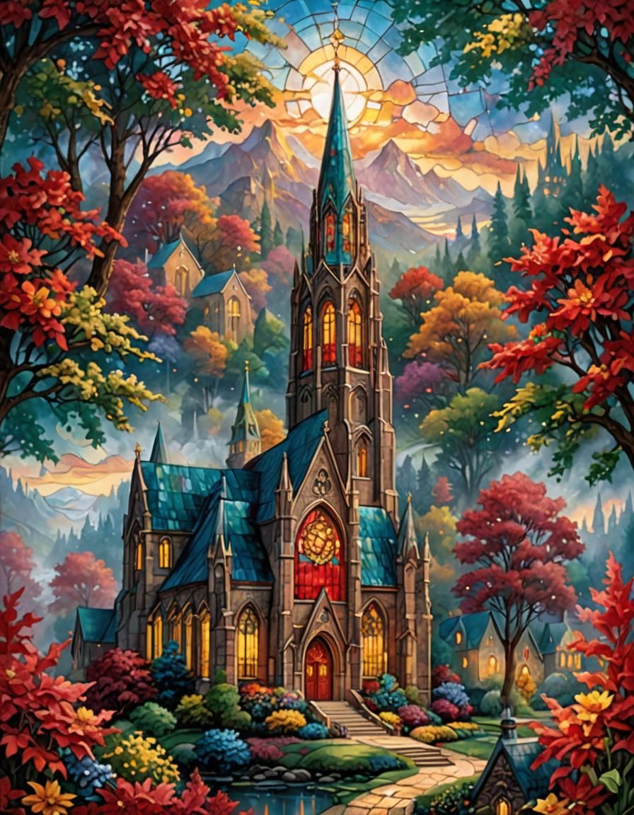 Stained Glass Cathedral with Flaming Katy Flower