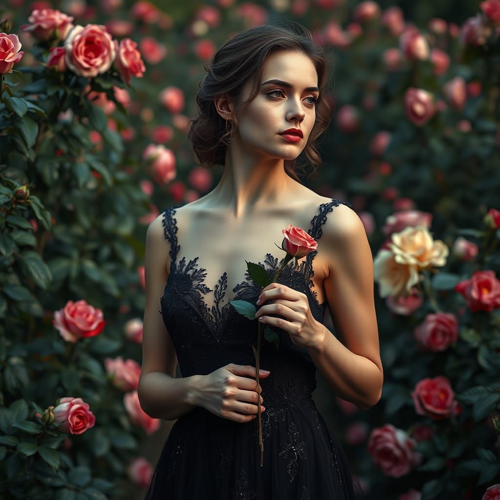 Woman in Enchanting Evening Gown Among Vibrant Roses