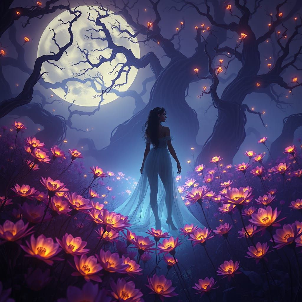 Dark Fantasy Enchantress in Haunting Garden of Glowing Flowe...