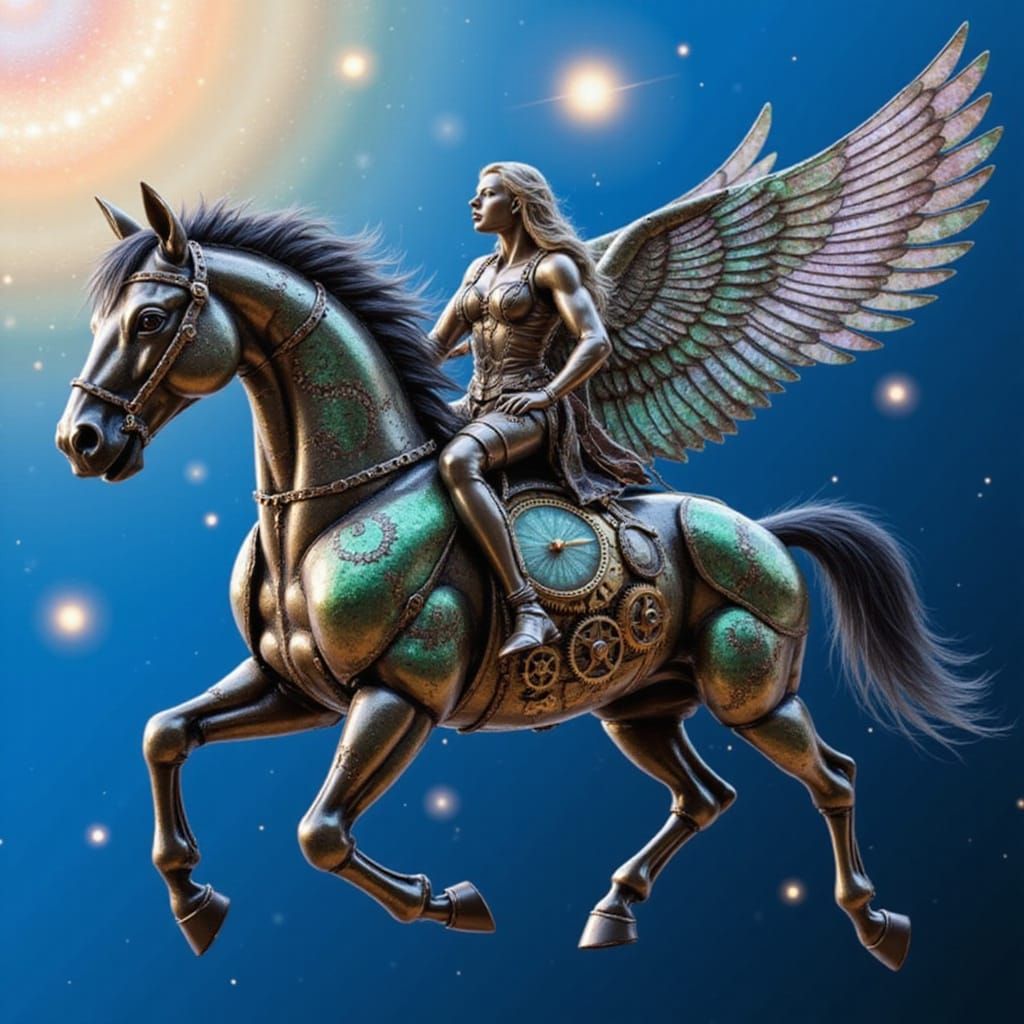 Clockwork Horse with Emerald Glass Wings in Surreal Landscap...