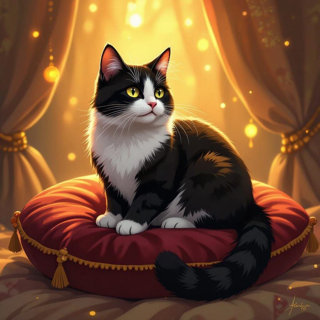 Cat on Velvet Cushion in Whimsical Style