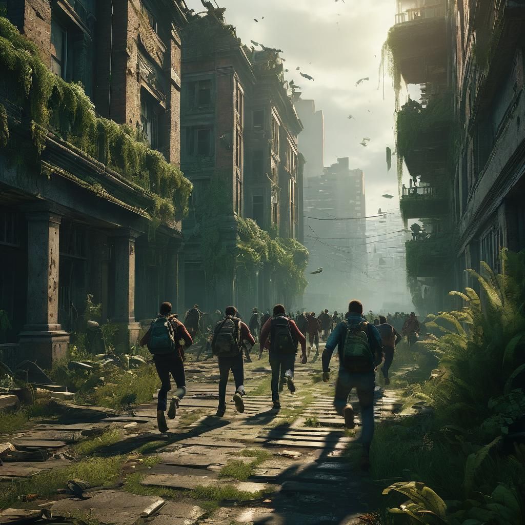 Zombies Chase People in Ruined City, Hyper-Realistic Game Ar...