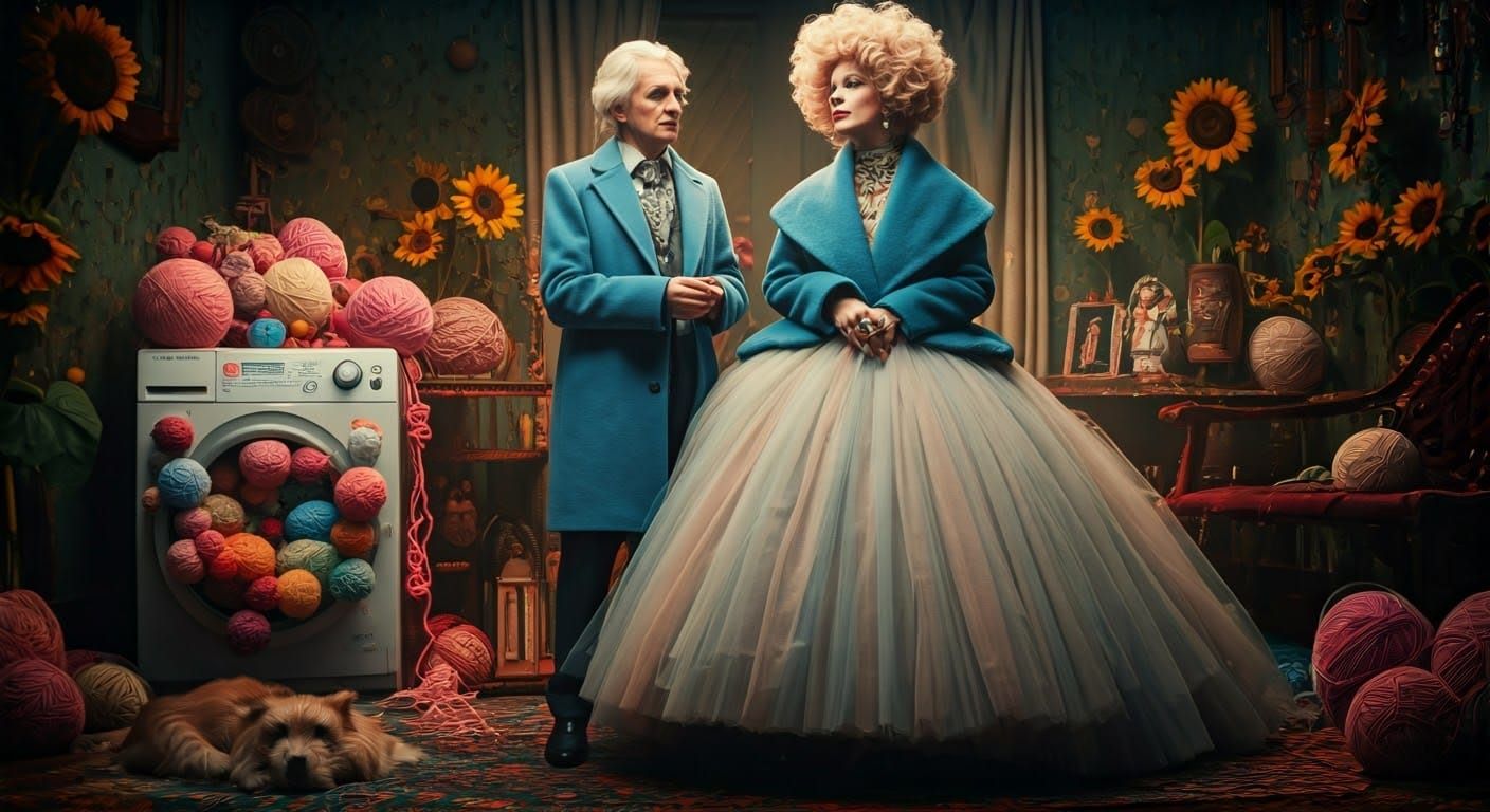 Eccentric Couple in Kitsch Room with Festive Washing Machine