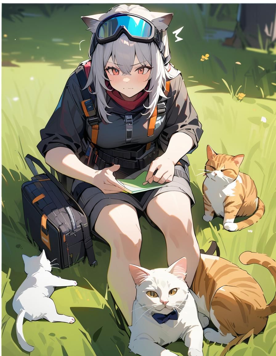 Animated Girl with Cat on Lap on Grass