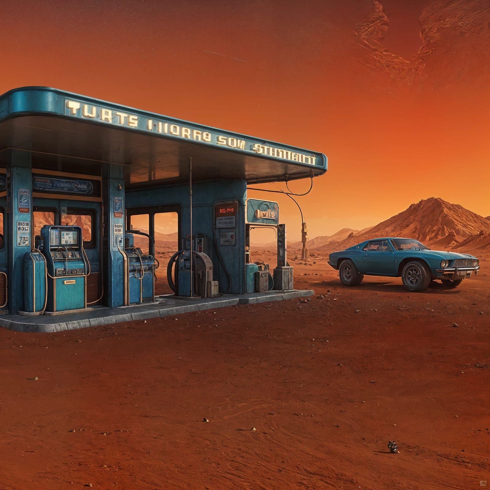 Retro Mars Gas Station in Vibrant Fantasy Colors