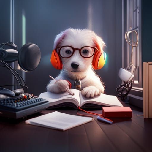 Dog Studying with Headphones: Detailed Matte Painting