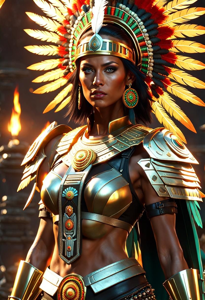Aztec Warrior Woman with Flaming Sword in Cyberpunk Style