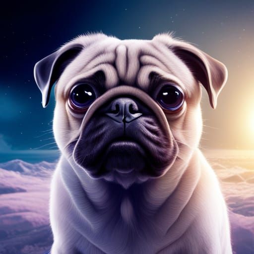 Futuristic Pug in Space: Detailed Matte Painting