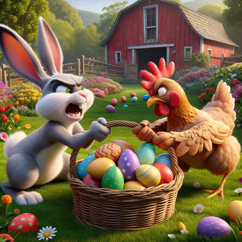 Easter Bunny and Hen Engage in Whimsical Tug-of-War