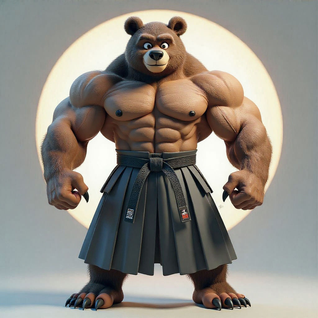 Muscular Aikido Bear in 3D Digital Art Style