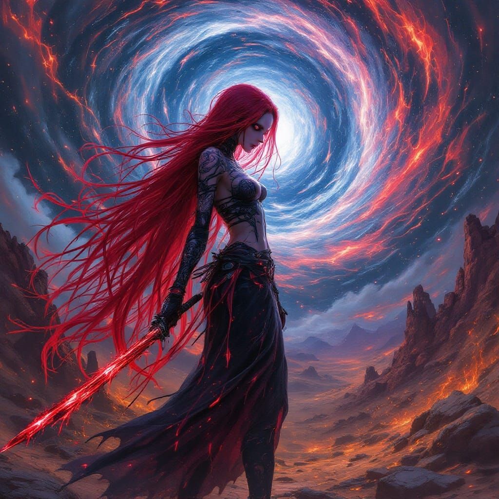 Gothic Android Huntress in Desolate Wasteland