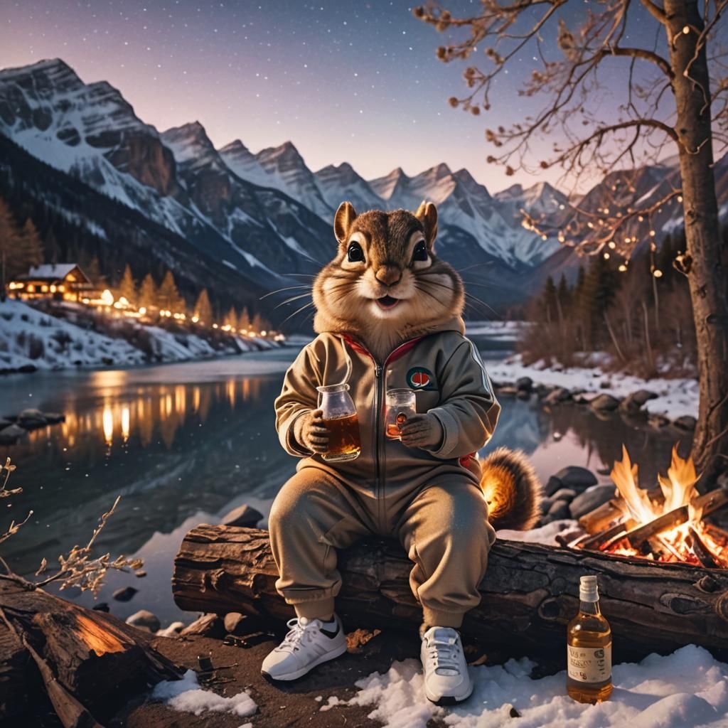 Chipmunk in Tracksuit with Whiskey by Campfire