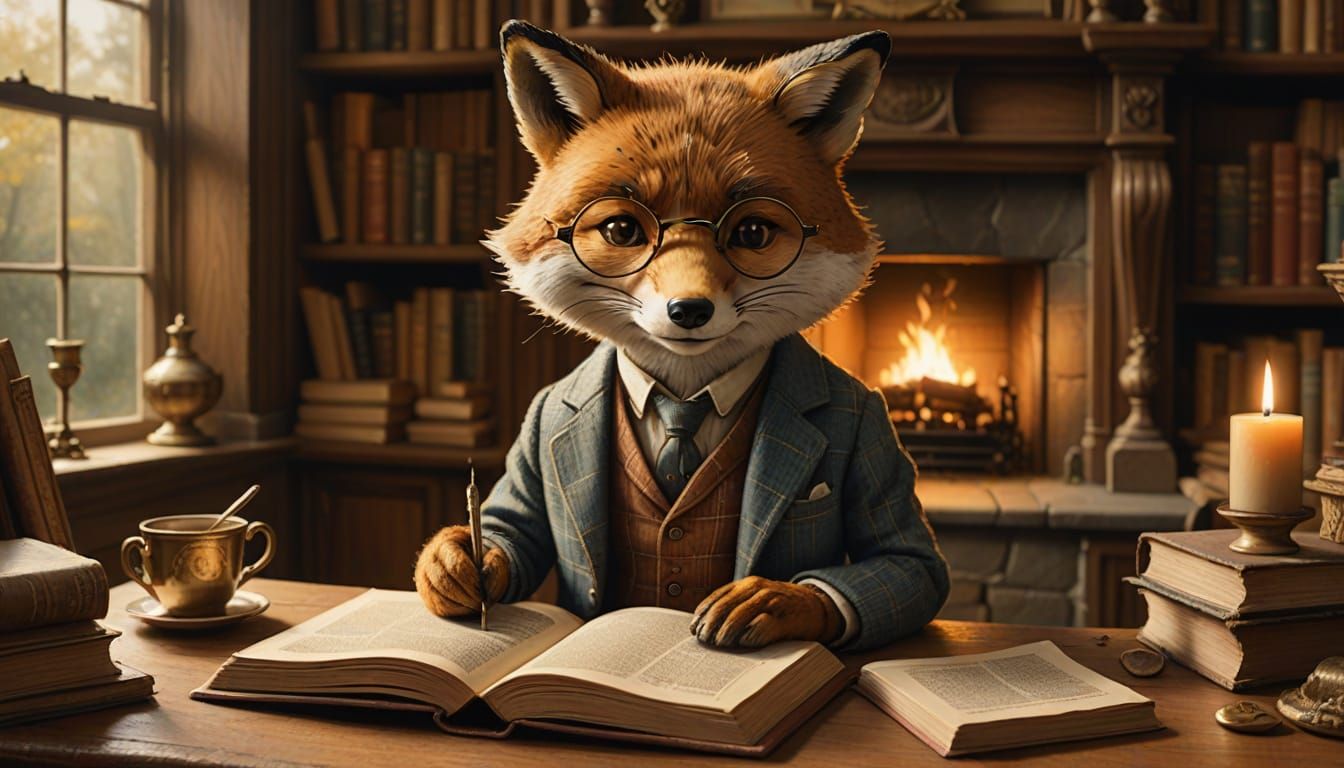 Fox Reader in Cozy Library, Storybook Illustration
