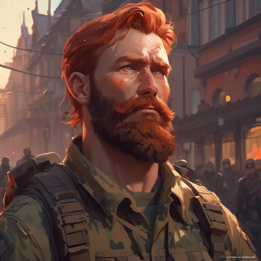 Muscular Bearded Man in Military Gear, Detailed Portrait