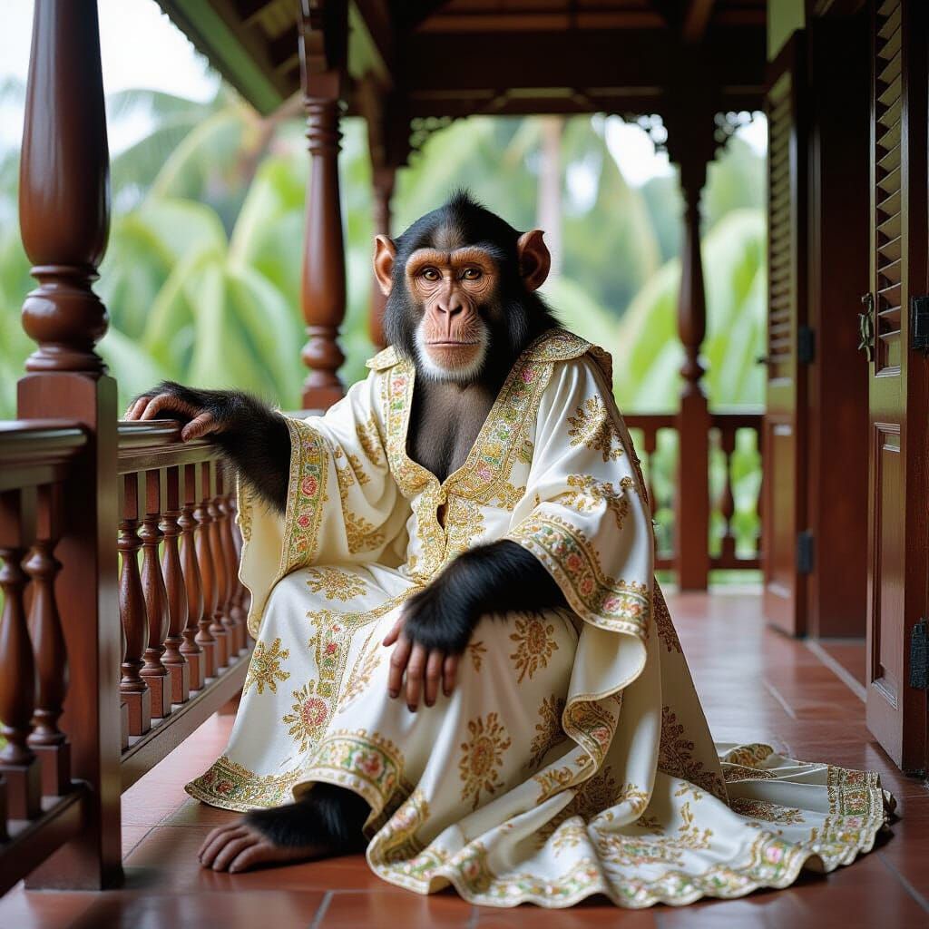 Monkey in Ornate Dress on Tropical Veranda
