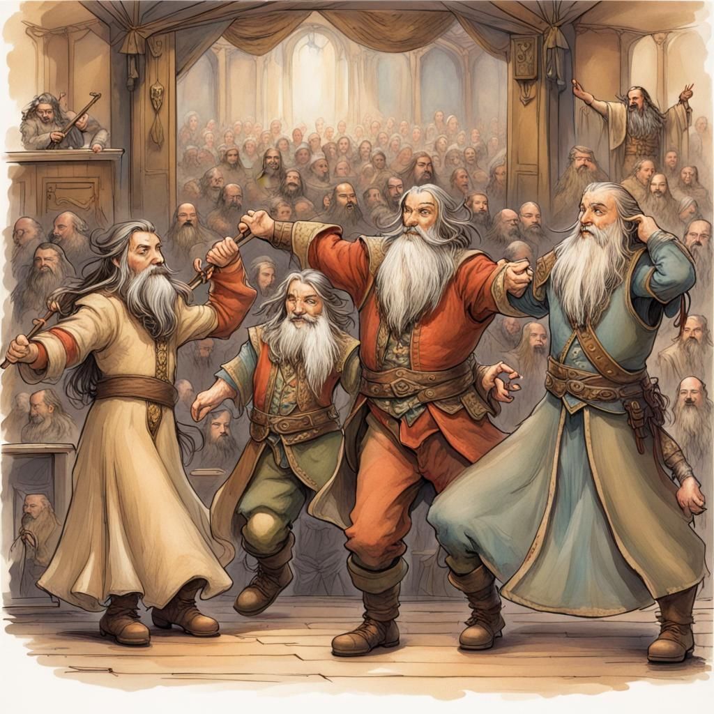 Dwarves as Elves Dancing, Anton Pieck Style