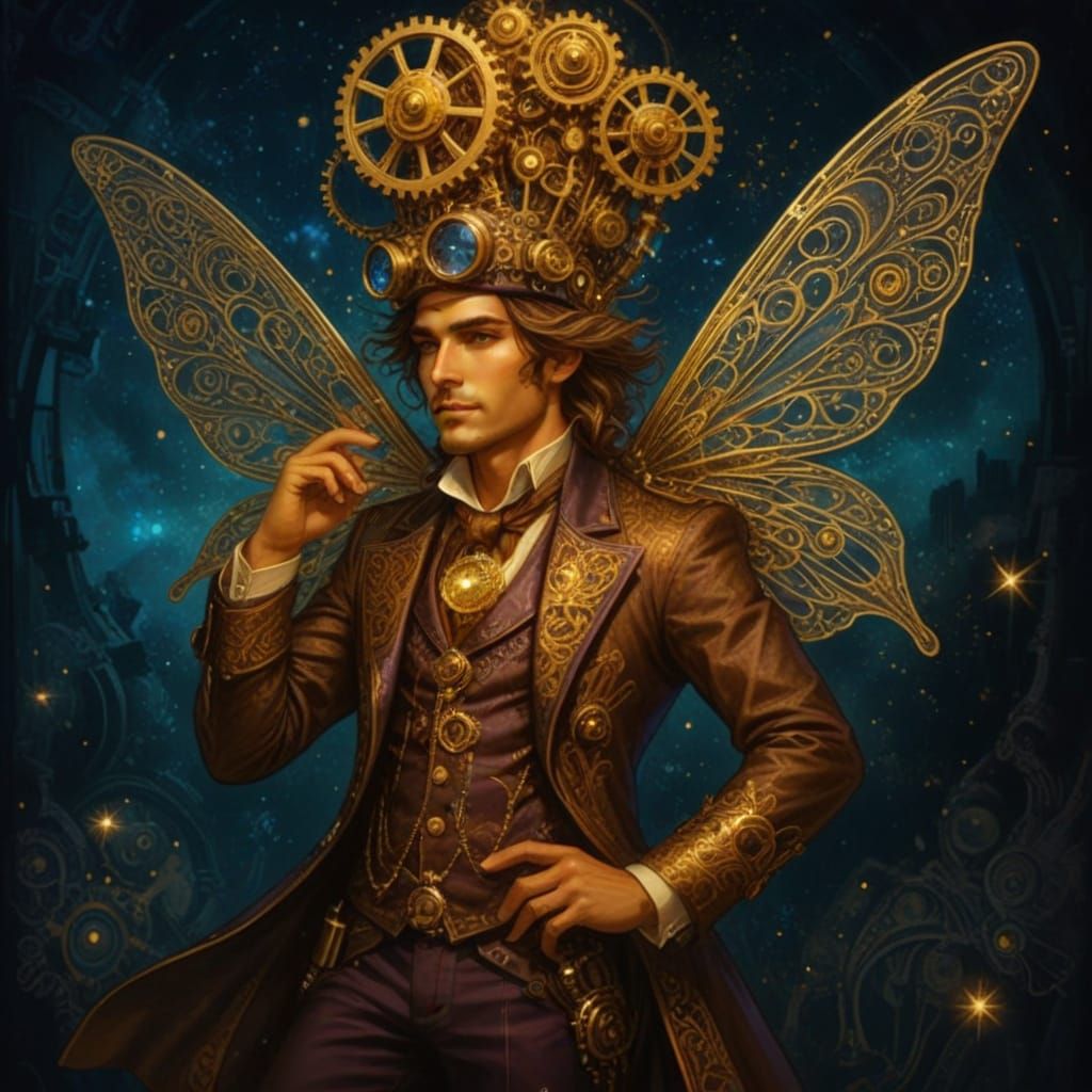 Steampunk Portrait: Winged Gentleman with Golden Gears