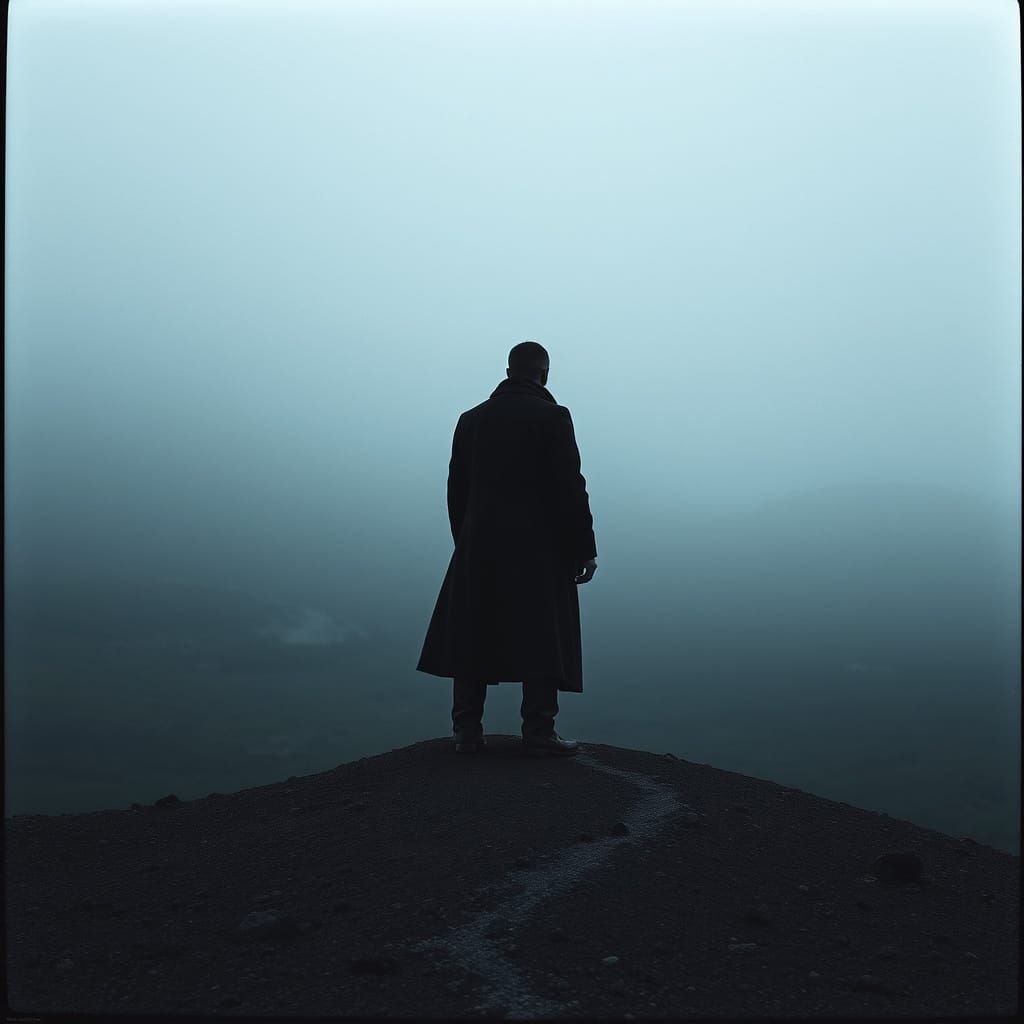 Desolate Figure in Misty Landscape: Cinematic Film Still