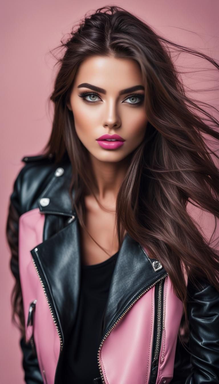 view of a model woman in bad girl style, black leather jacke...