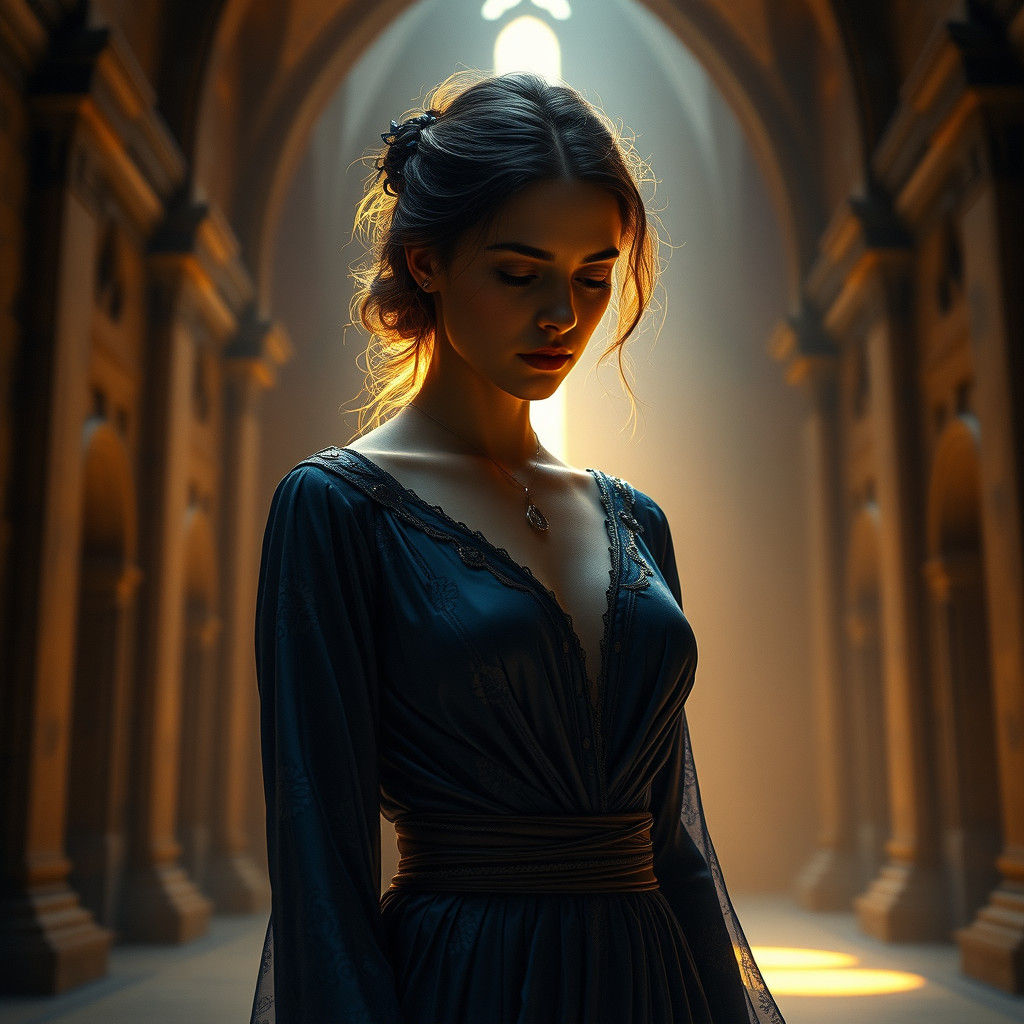 Woman in Ancient Chamber: Cinematic 3D Art