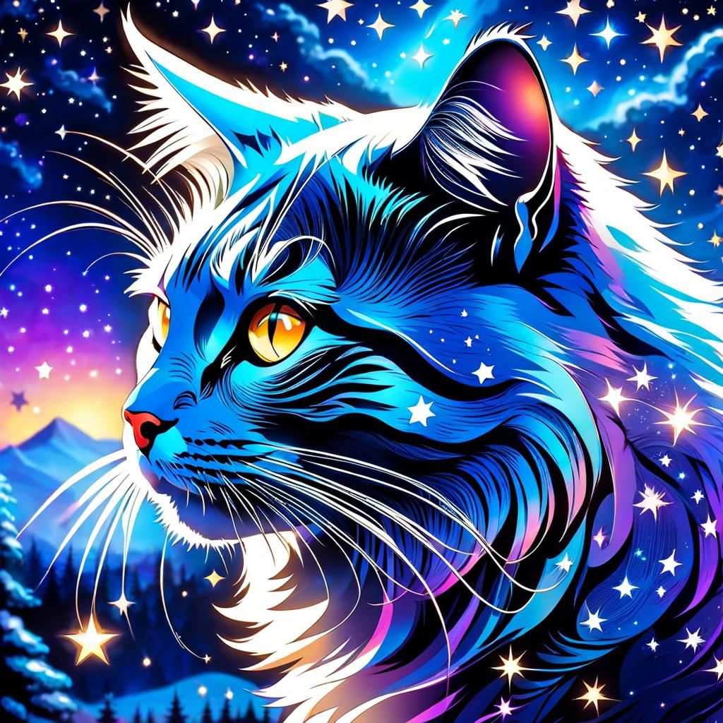 Majestic Cat Walking Among Twinkling Stars
