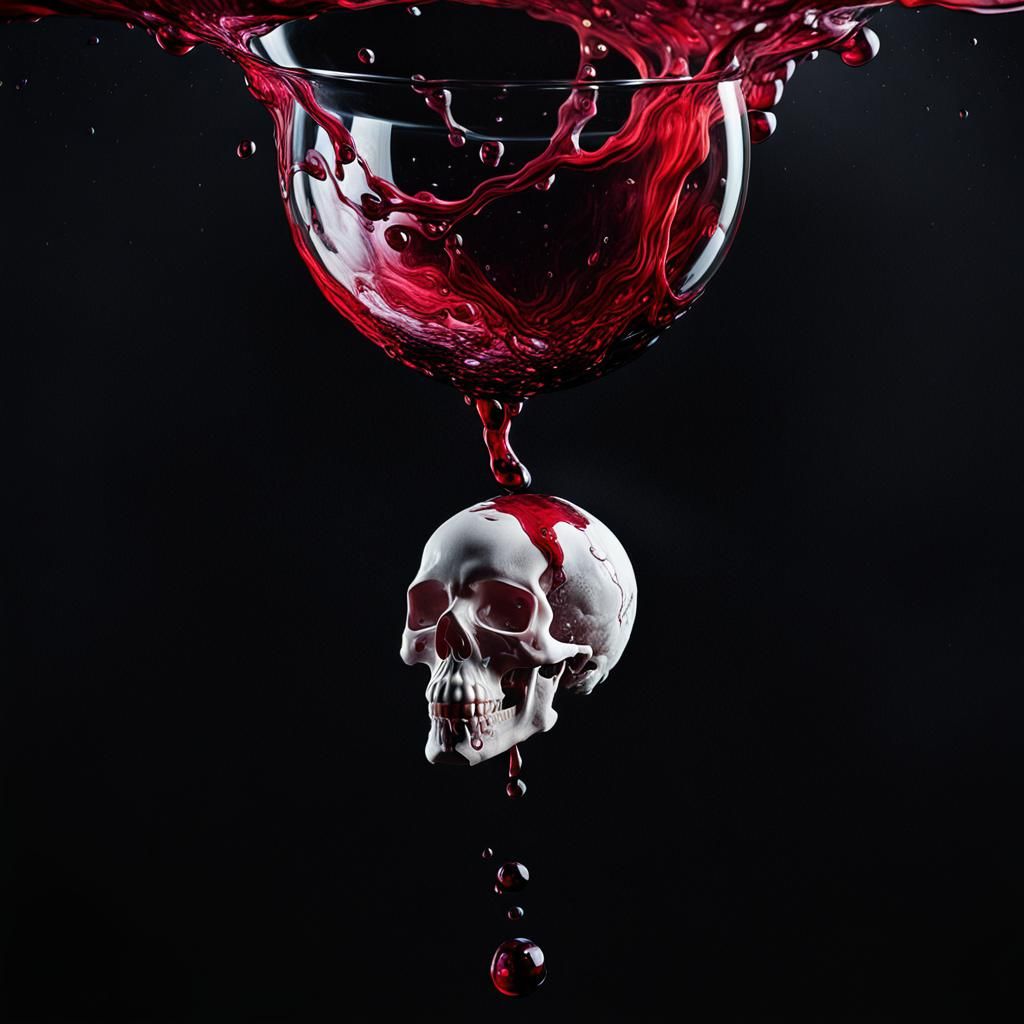 Surreal Greyscale Wine Drop with Floating Skull