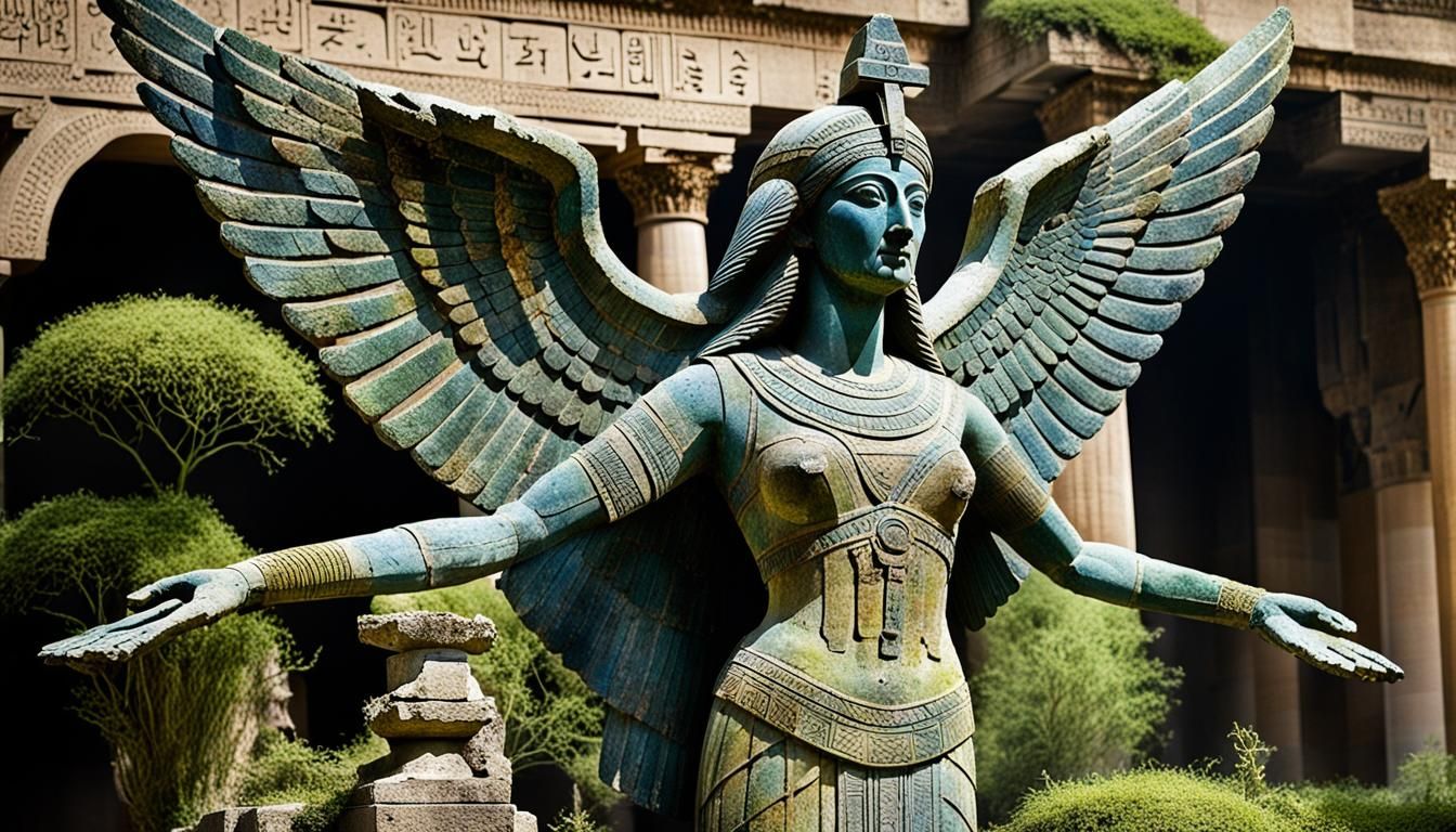 Decayed Assyrian Isis Statue in Babylon Gardens