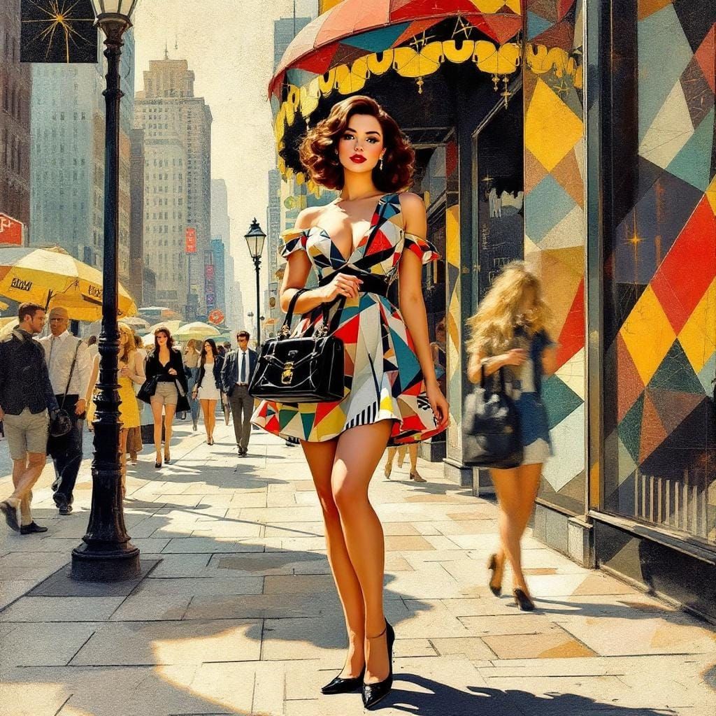 Brunette Pin-Up in Geometric Art Nouveau Style