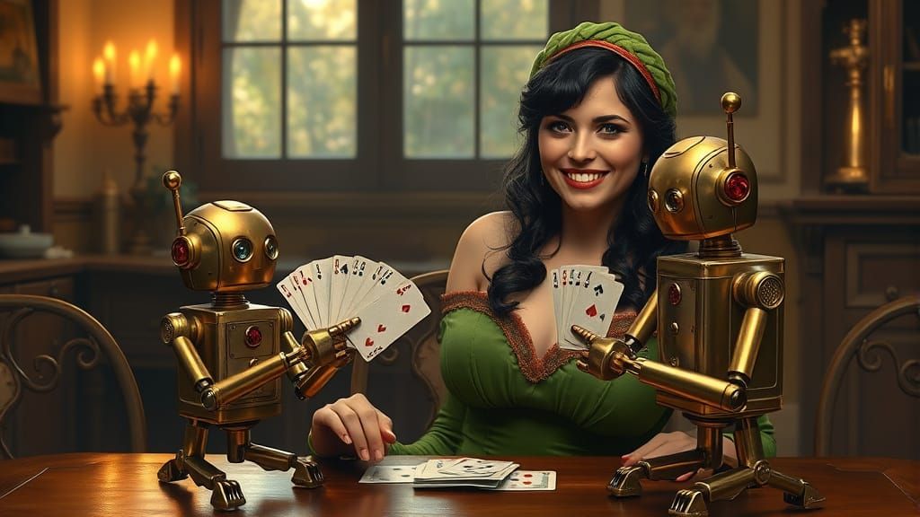 Victorian-Era Whimsy: Fairy Woman Plays Cards with Brass Rob...