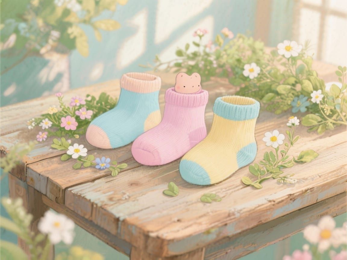 Three Pastel Baby Socks on Wooden Table with Flowers