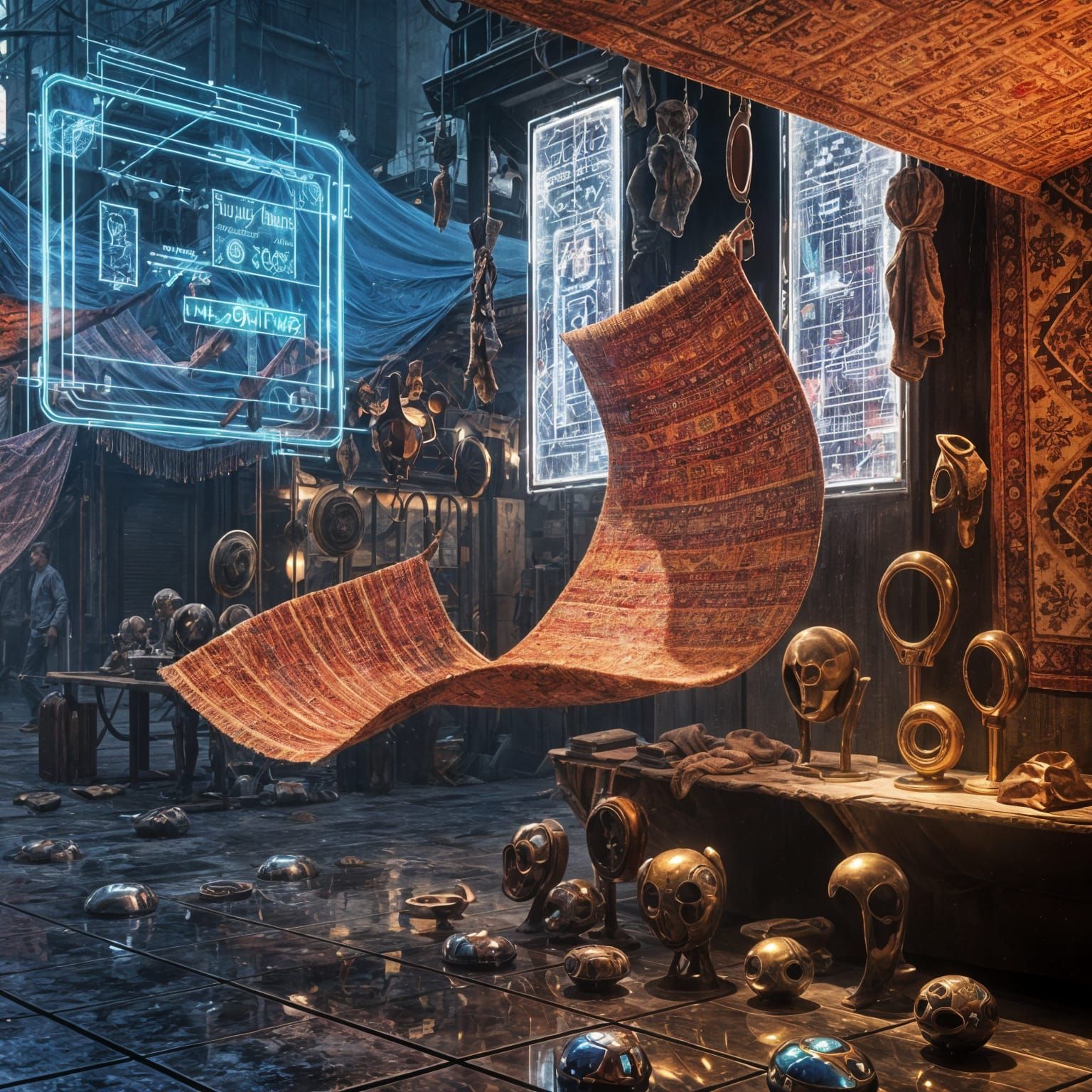 Cyberpunk Market: Rugs, Holograms, and Chrome Reflections