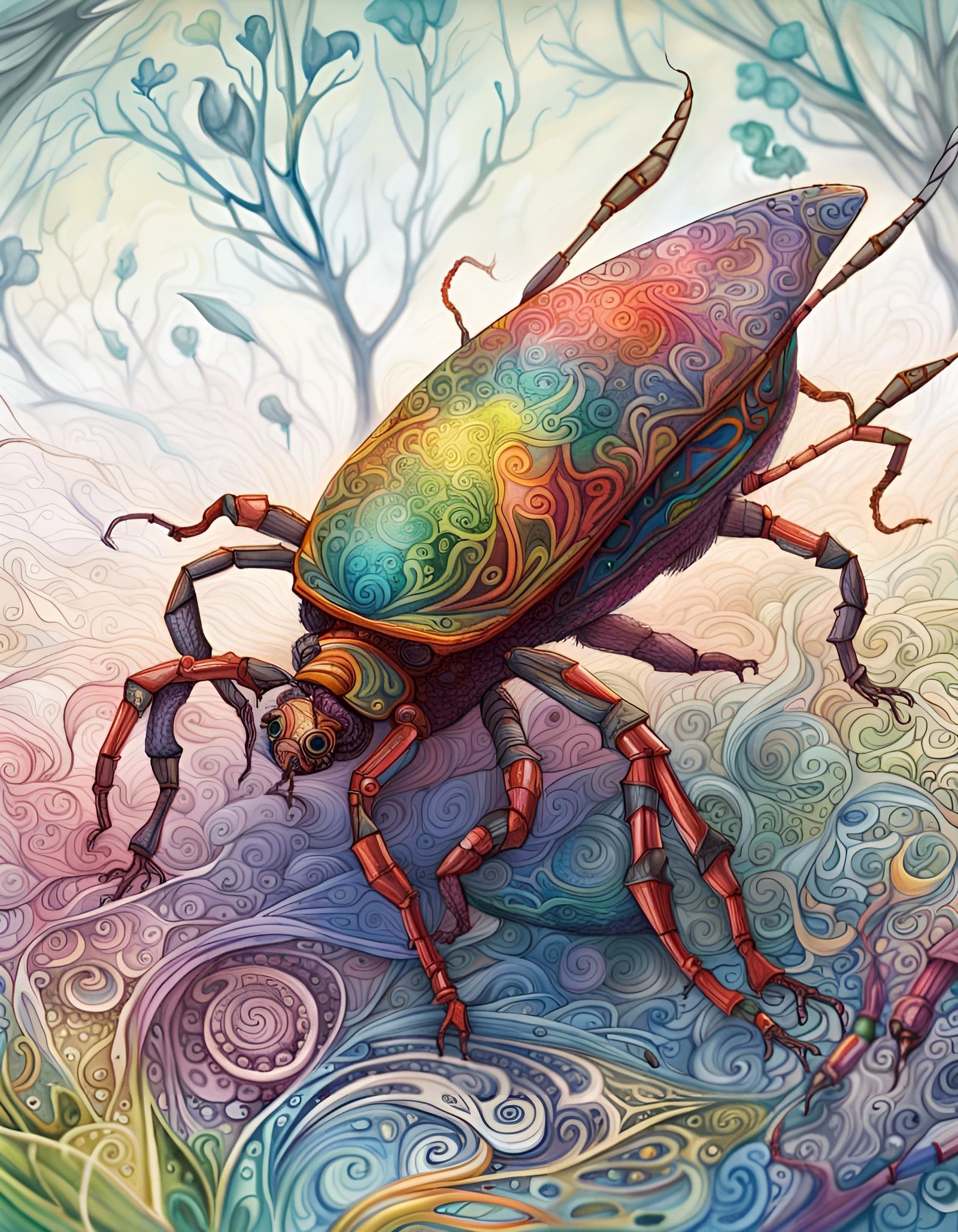 Colorful Forest and Beetle in Crayon Drawing Style