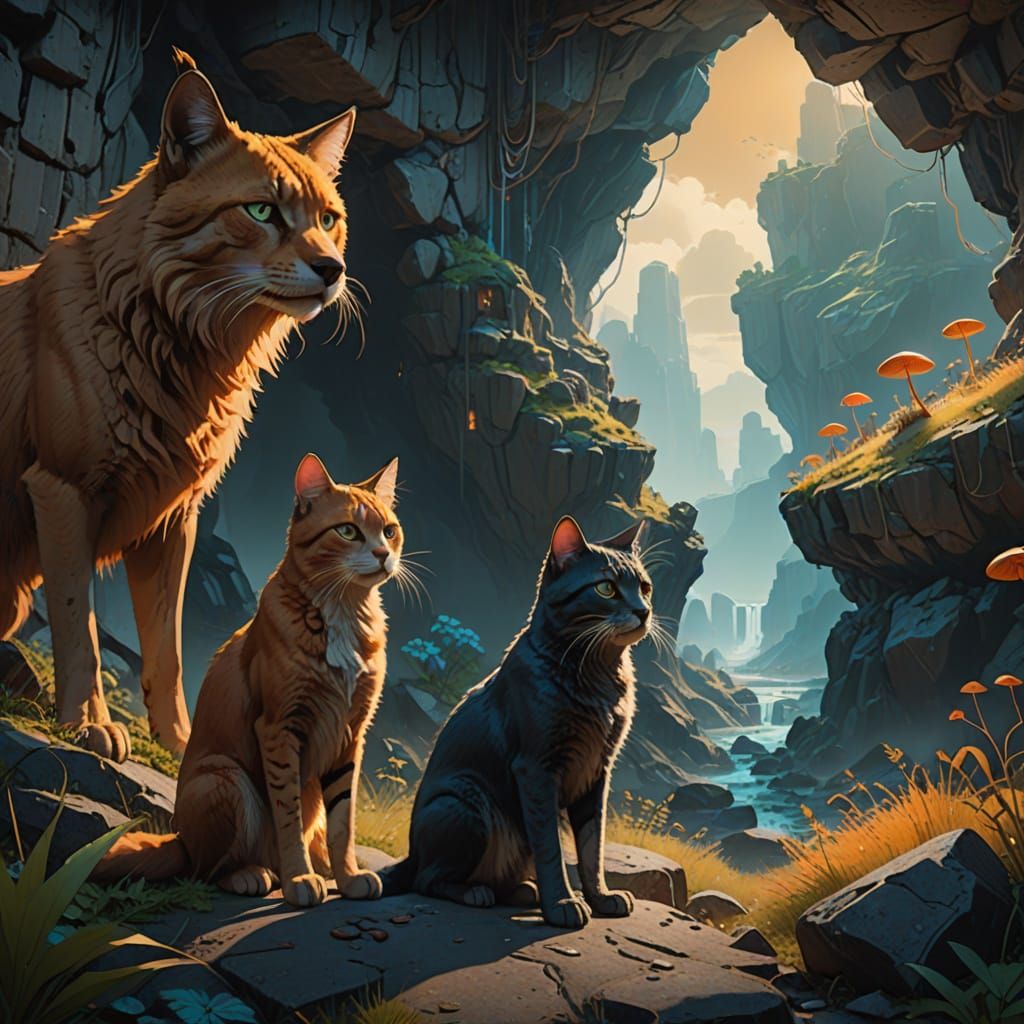 Regal Feline Companion in a Magical Cave