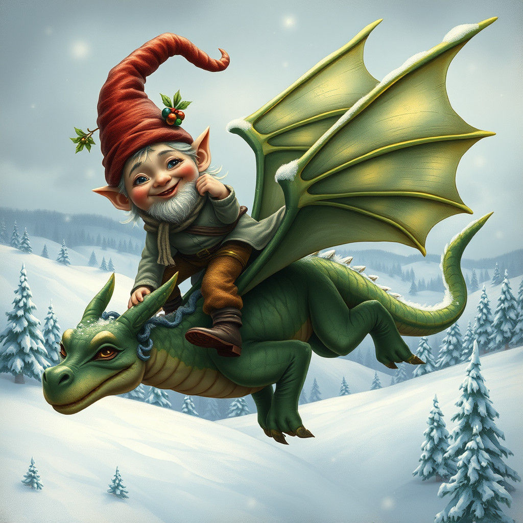 Gnome and Dragon Soaring Through Winter Landscape